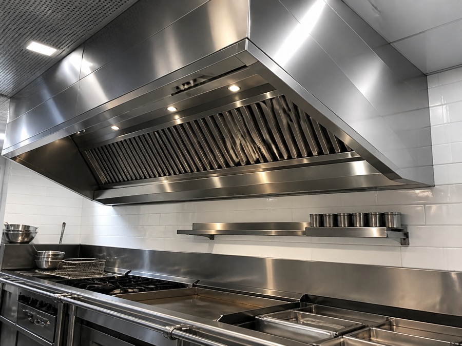 Coifa industrial de inox em cozinha profissional