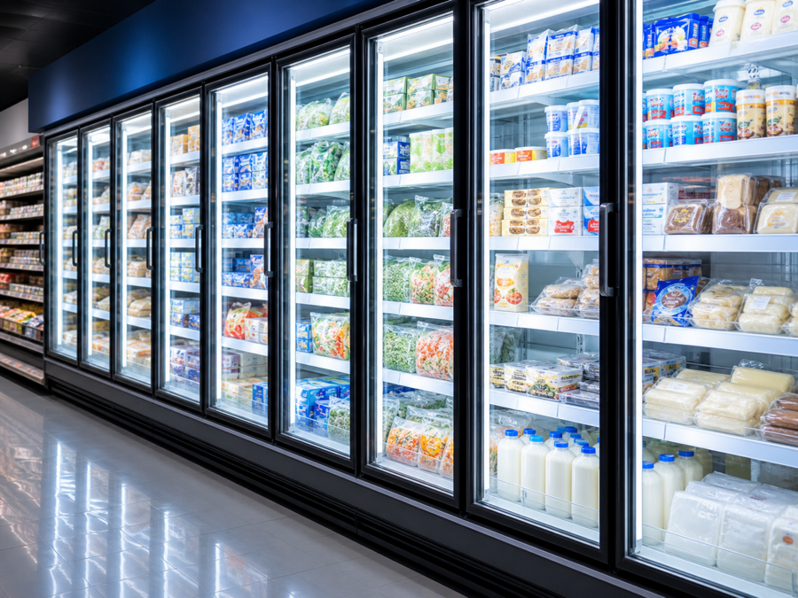 Refrigeradores comerciais com portas de vidro iluminadas
